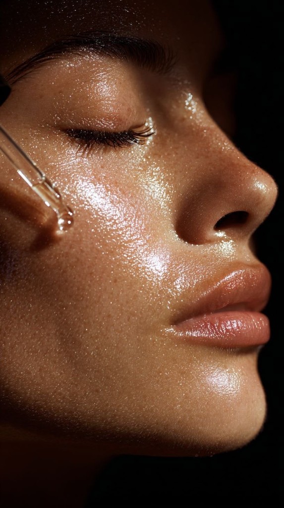 Close do rosto com sérum no peeling químico superficial